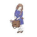 Schoolgirl holding briefcase with teddy bear.